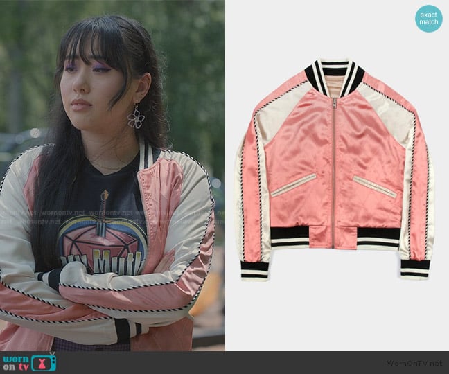 Straight to Hell Boogie Pink and Cream Reversible Souvenir Jacket worn by Lily (Artemis) on Sweet Magnolias