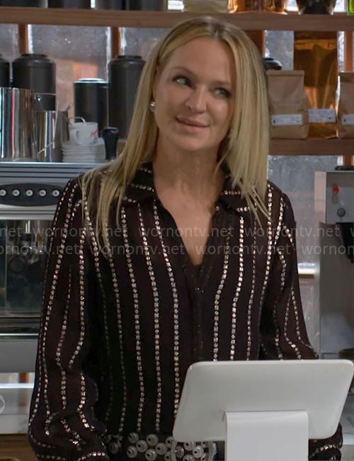 Sharon's black metallic star stripe shirt on The Young and the Restless