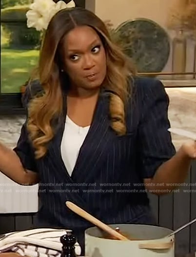 Sunny Anderson’s navy pinstripe blazer on The Drew Barrymore Show