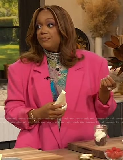 Sunny Anderson’s printed mesh turtleneck top on The Drew Barrymore Show