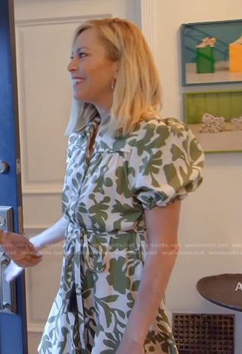 Sutton's green and white print puff sleeve dress on The Real Housewives of Beverly Hills