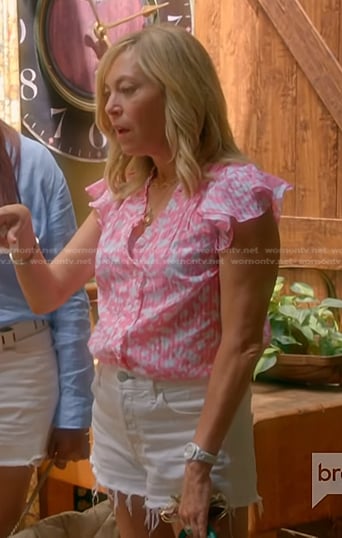 Sutton's pink printed ruffle top on The Real Housewives of Beverly Hills