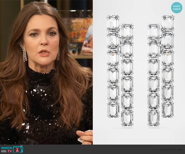 Swarovski Millenia Rhodium-Plated Octagon-Cut Crystal Earrings worn by Drew Barrymore on The Drew Barrymore Show