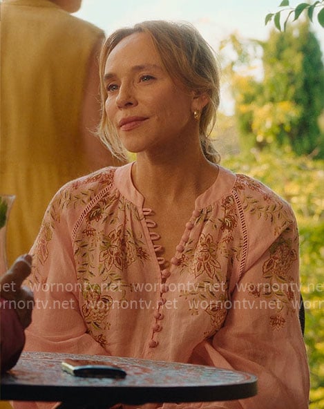 Tamara’s pink floral embroidered blouse on Apple Cider Vinegar