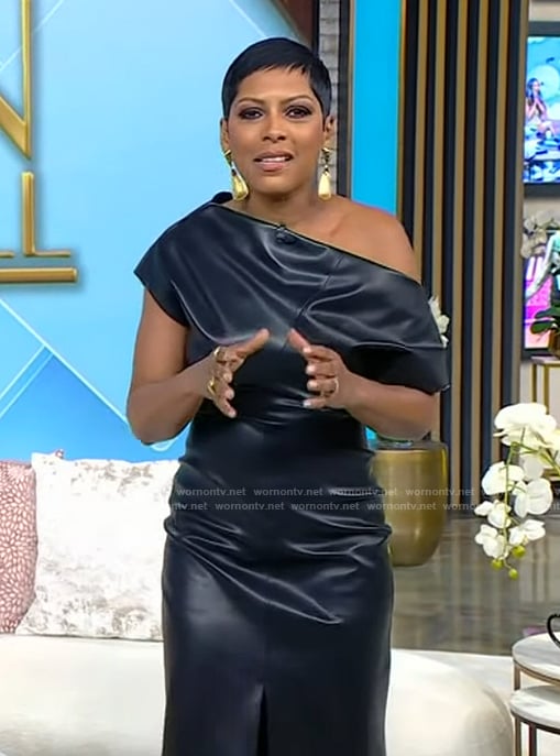 Tamron's black leather off shoulder dress on Tamron Hall Show