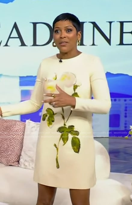 Tamron's white floral print long sleeve mini dress on Tamron Hall Show