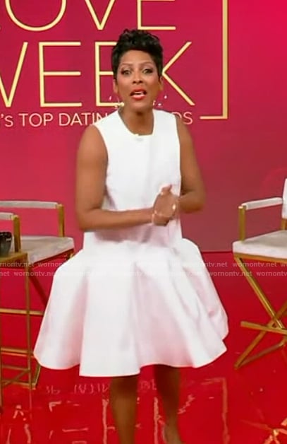 Tamron’s white flare mini dress on Tamron Hall Show