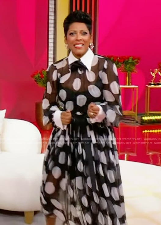 Tamron's black polka dot print shirtdress on Tamron Hall Show