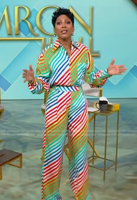 Tamron's multicolored stripe blouse and pants on Tamron Hall Show