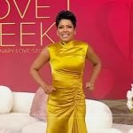 Tamron’s gold satin ruched front dress on Tamron Hall Show