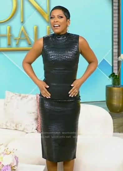 Tamron's black croc skin effect top and skirt on Tamron Hall Show