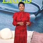 Tamron’s red printed mock neck dress on Tamron Hall Show