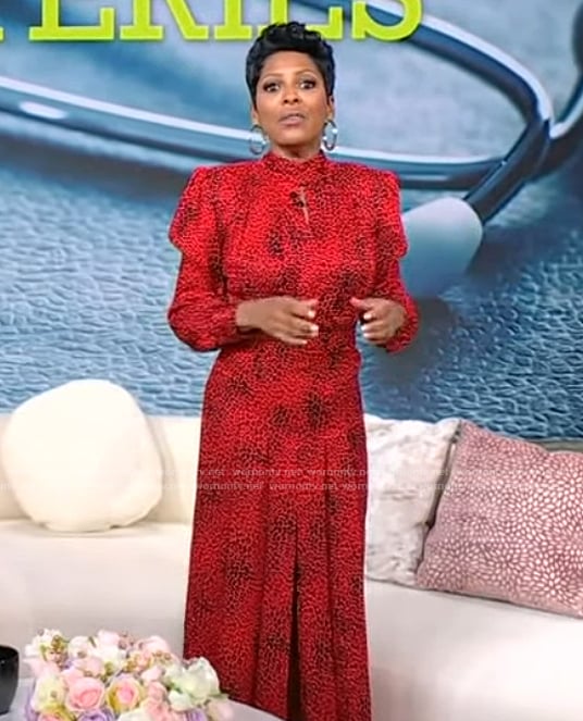 Tamron's red printed mock neck dress on Tamron Hall Show