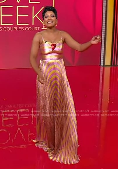 Tamron's metallic stripe maxi dress on Tamron Hall Show