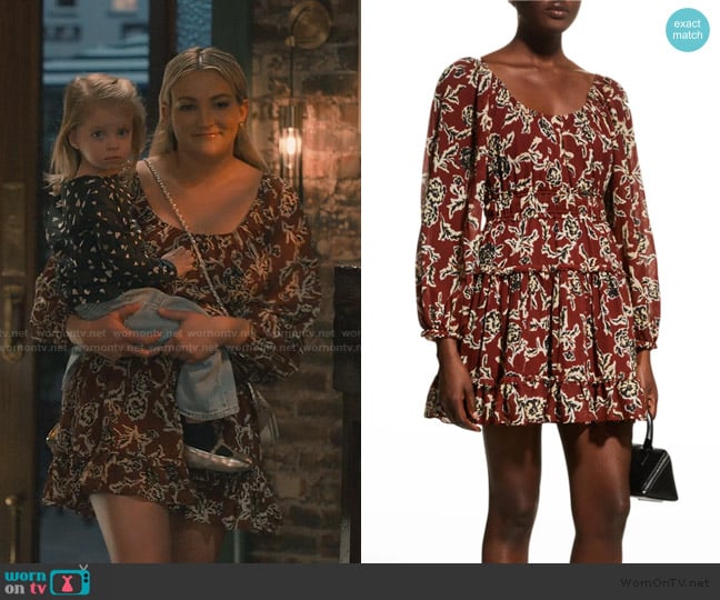 Tanya Taylor Edita Crinkled Puff-Sleeve Tiered Mini Dress worn by Noreen Fitzgibbons (Jamie Lynn Spears) on Sweet Magnolias