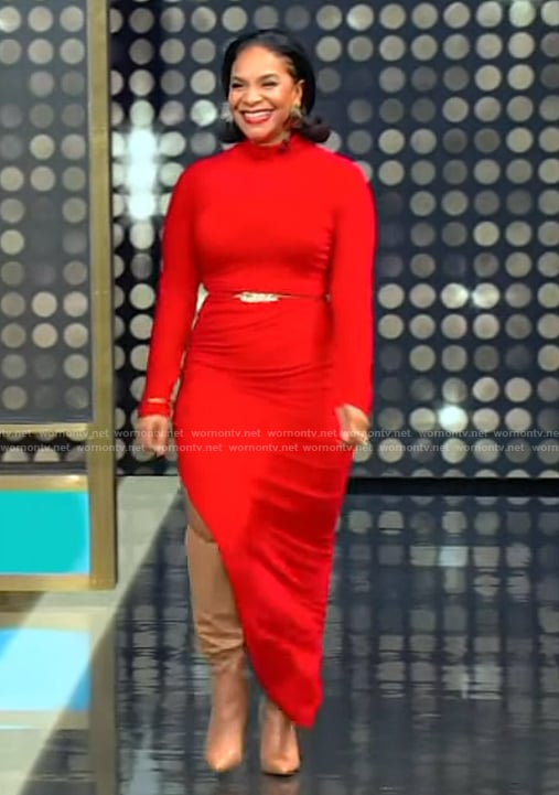 Teedra Moses’s red asymmetric dress on Tamron Hall Show