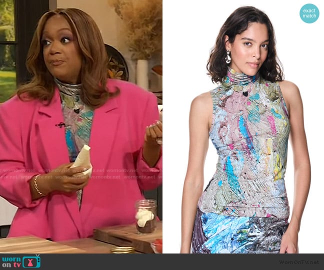 Sunny Anderson’s printed mesh turtleneck top on The Drew Barrymore Show