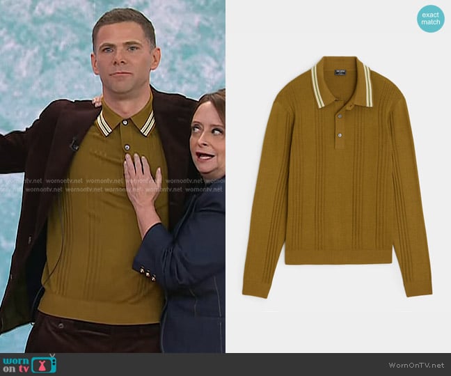 Todd Snyder Silk-Cotton Tipped Sweater Polo in Cigar worn by Mikey Day on Today