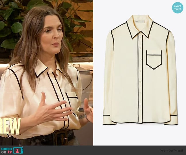 Tory Burch Silk Twill Brigitte Shirt worn by Drew Barrymore on The Drew Barrymore Show