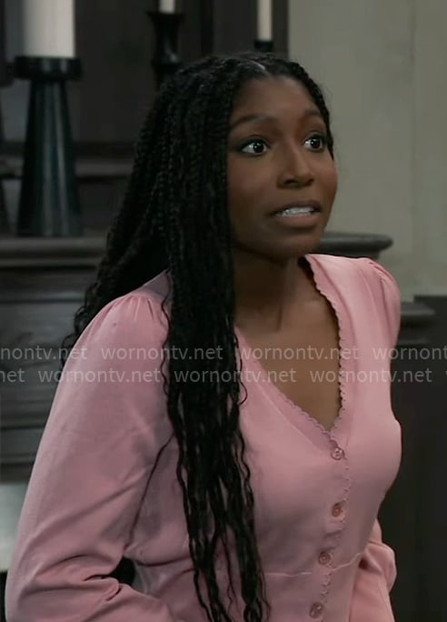 Trina's pink scalloped trim cardigan on General Hospital