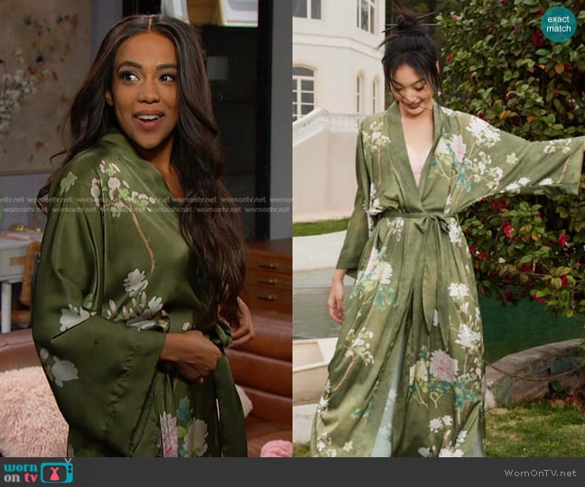 Ulivary Floral Silky Kimono Robe in olive green worn by Jada Hunter (Elia Cantu) on Days of our Lives