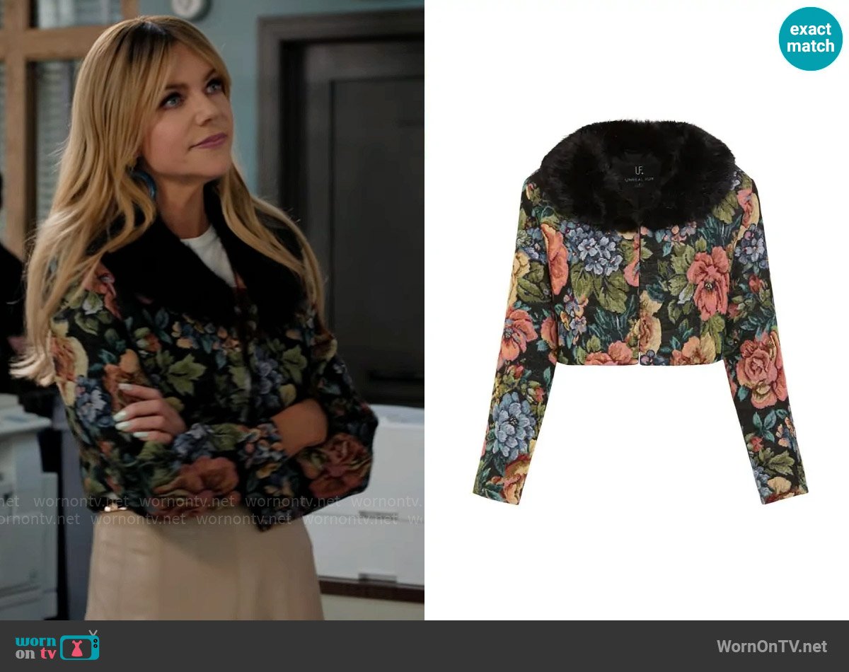 Unreal Fur Monarch floral-print cropped jacket worn by Morgan Gillory (Kaitlin Olson) on High Potential