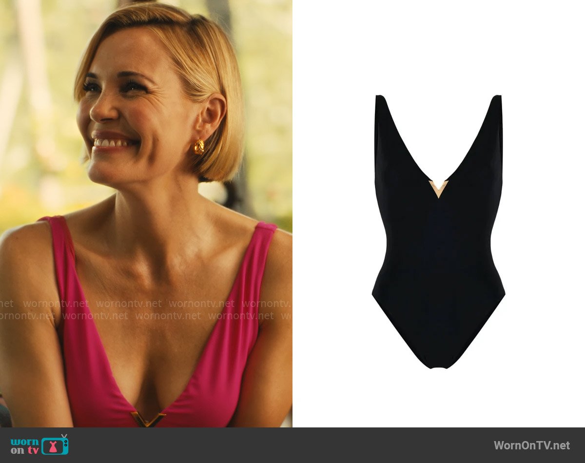 Valentino Garavani Logo Plaque V-neck Swimsuit worn by Kate (Leslie Bibb) on The White Lotus