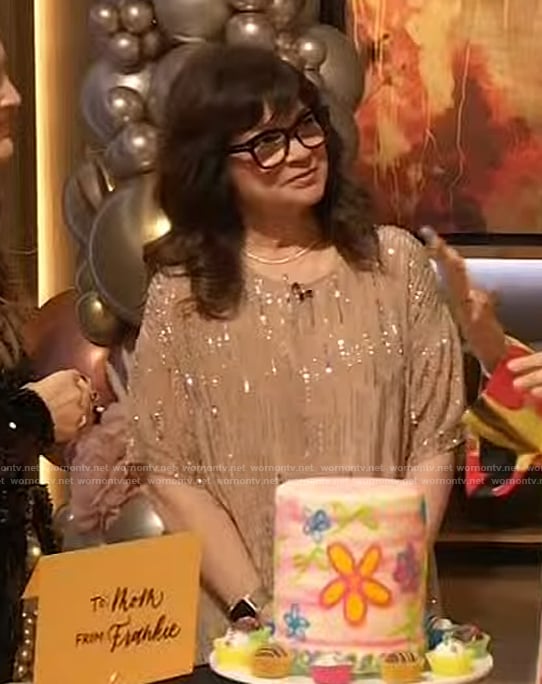 Valerie Bertinelli's beige sequin top on The Drew Barrymore Show