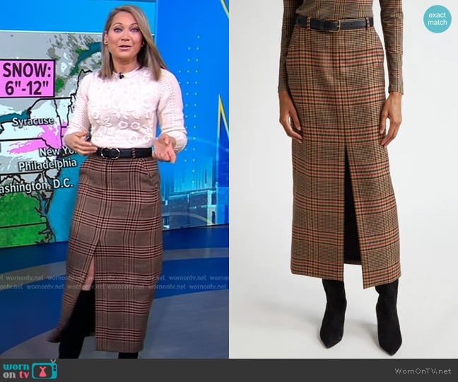 Veronica Beard Maxine Glen Plaid Wool Midi Skirt worn by Ginger Zee on Good Morning America