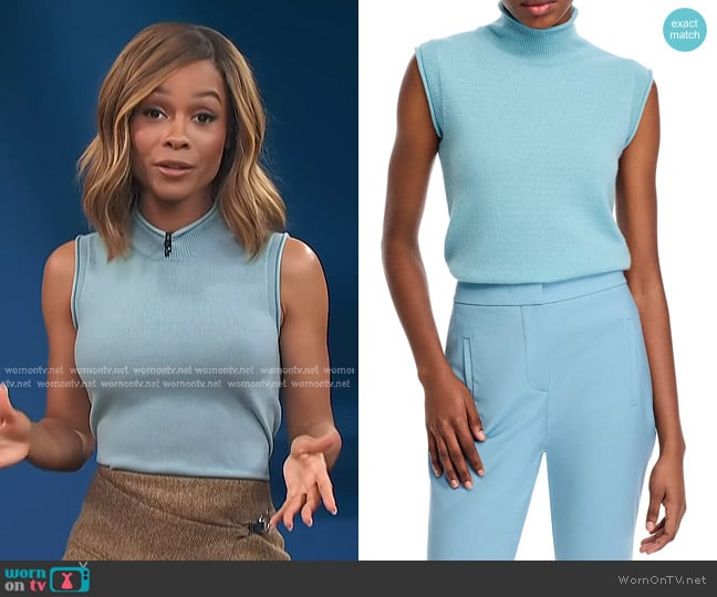 Veronica Beard Mahalia Cashmere Pullover in Sea Glass worn by Zuri Hall on Access Hollywood