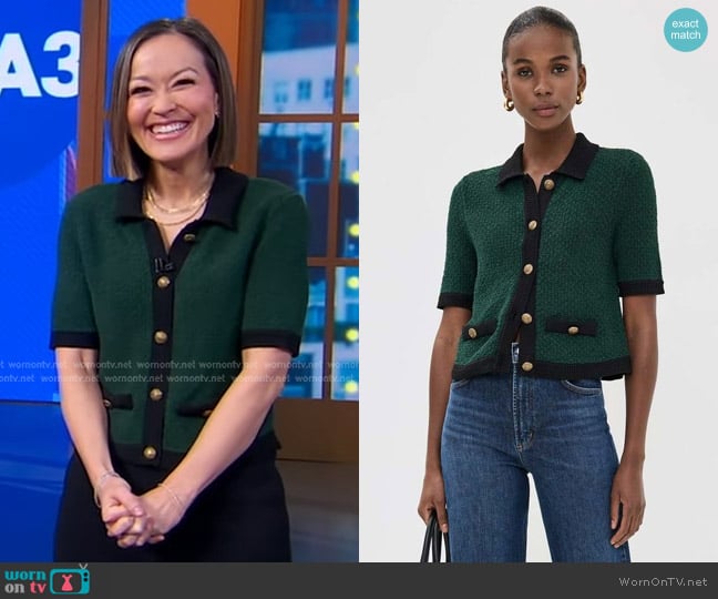 Veronica Beard Marie Cardigan in Pine/Black worn by Eva Pilgrim on Good Morning America