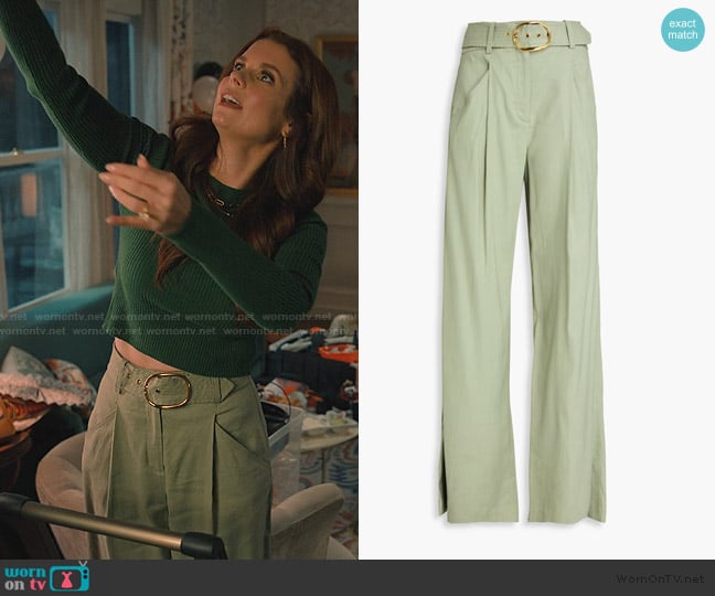 Veronica Beard Rimini belted pleated linen-blend wide-leg pants worn by Maddie Townsend (JoAnna Garcia Swisher) on Sweet Magnolias