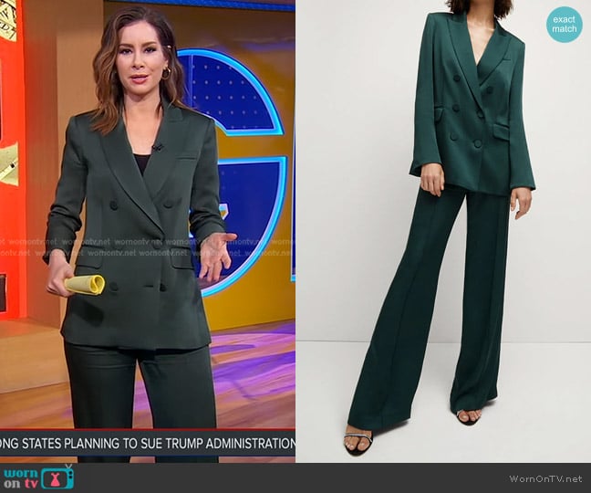 Veronica Beard Roche Satin Dickey Jacket and Edia Pants worn by Rebecca Jarvis on Good Morning America