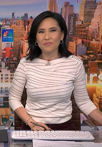 Vicky's white stripe studded shoulder sweater on NBC News Daily