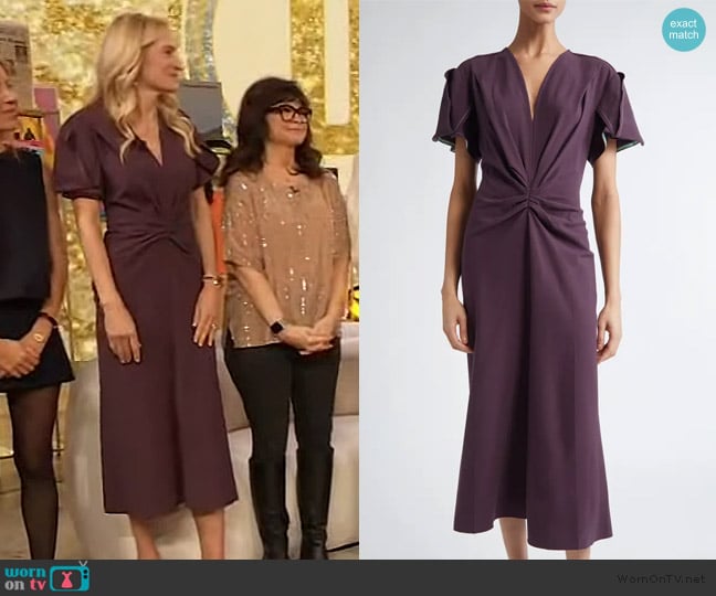 Victoria Beckham Gathered Crêpe V-Neck Midi-Dress worn by Anya on The Drew Barrymore Show