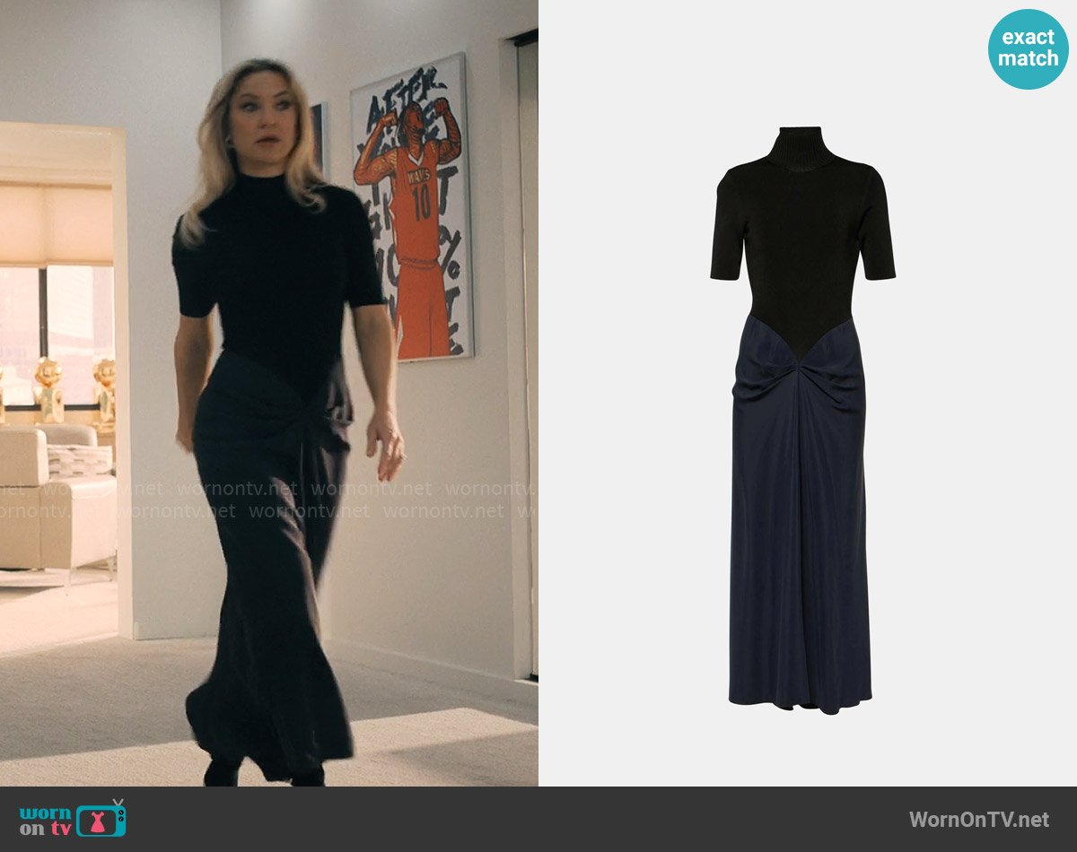 Victoria Beckham Gathered wool and crepe turtleneck maxi dress worn by Isla Gordon (Kate Hudson) on Running Point