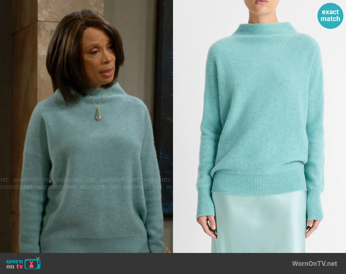 Vince Boiled Cashmere Funnel Neck Pullover in Heather Aqua Gem worn by Amy Lewis (Valarie Pettiford) on The Young and the Restless