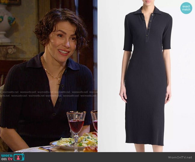 Vince Ribbed Cotton-Blend Polo Dress in coastal blue worn by Sarah Horton (Linsey Godfrey) on Days of our Lives