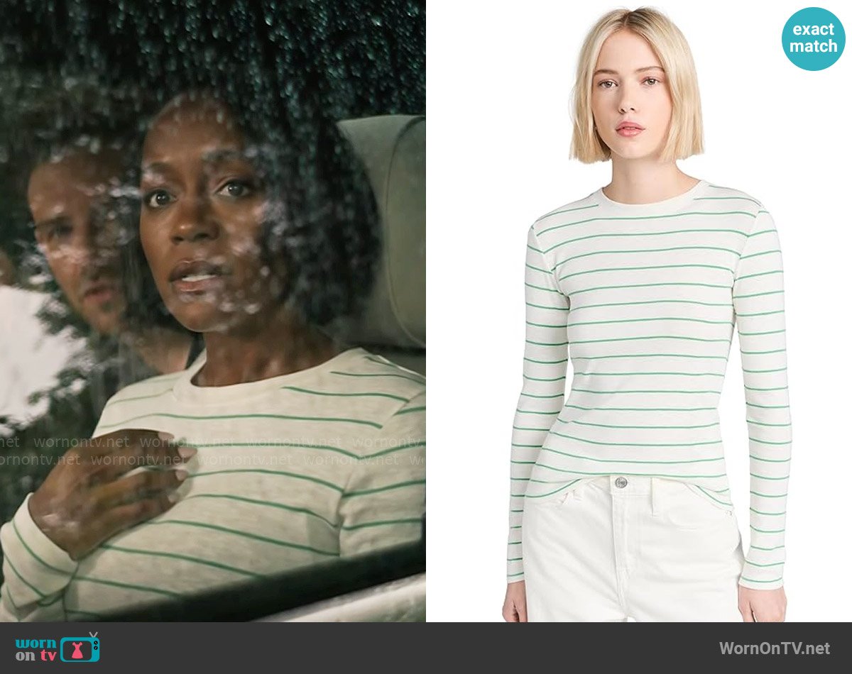 Vince Striped Long Sleeve Crew Tee in Parakeet Combo worn by Catherine (Aja Naomi King) on Grosse Pointe Garden Society