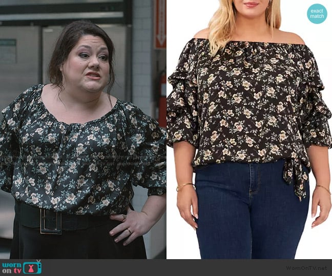 Vince Camuto Off the Shoulder Blouson Sleeve Top worn by Dana Sue Sullivan (Brooke Elliott) on Sweet Magnolias