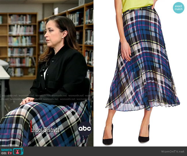 Vince Camuto Plaid Escape Pleated Midi Skirt worn by Mireya Villarreal on Good Morning America