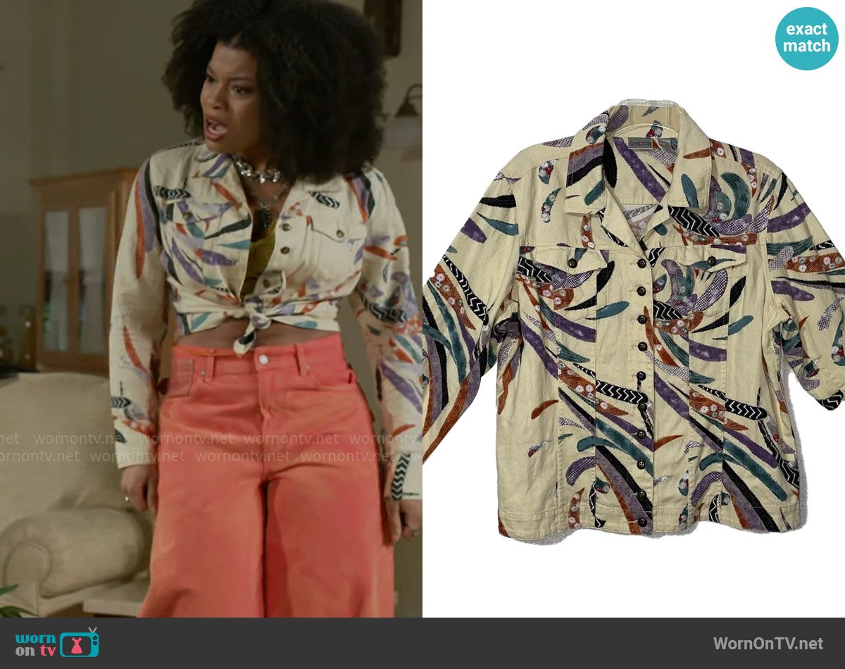 Chicos Vintage Linen Blend Button Up Jacket worn by Eva Thomas (Ambyr Michelle) on Beyond the Gates