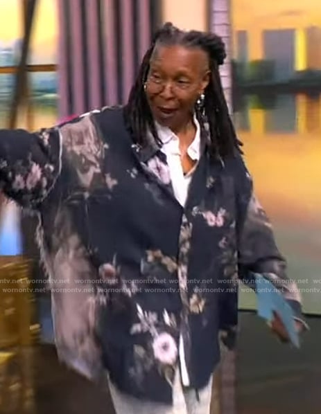 Whoopi's black floral print overshirt on The View