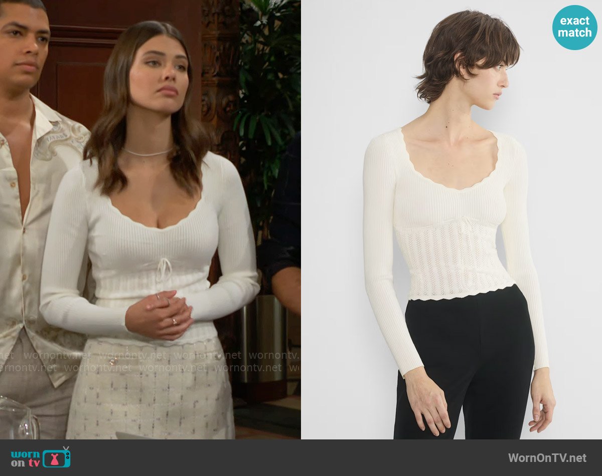 Wilfred at Aritzia Soloist Sweater in Light Birch worn by Electra Forrester (Laneya Grace) on The Bold and the Beautiful