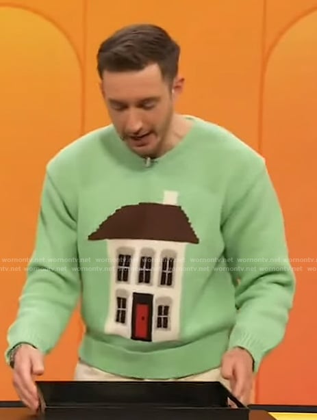 Will Taylor’s green house print sweater on The Drew Barrymore Show