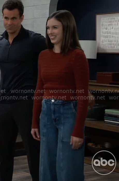 Willow's dark red sweater and wide leg jeans on General Hospital