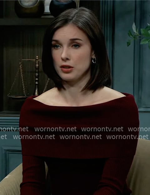 Willow's burgundy off-shoulder sweater on General Hospital