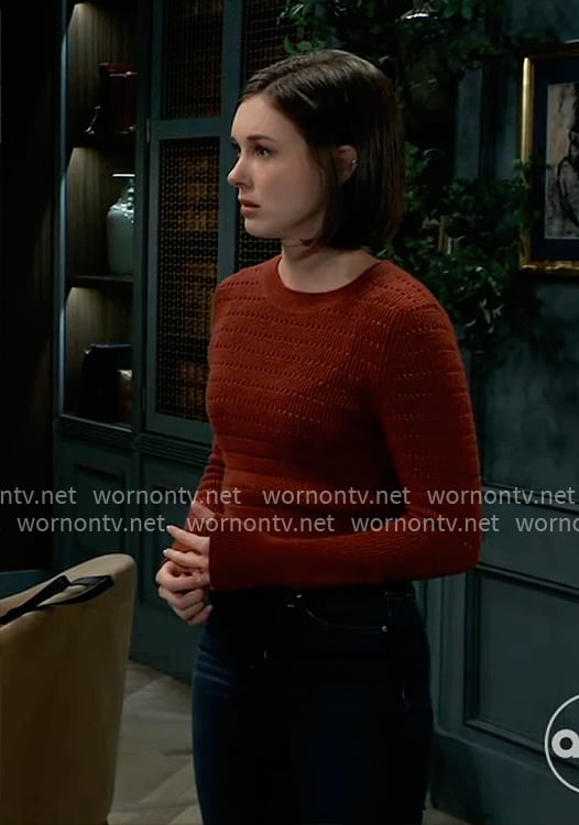 Willow's dark red sweater and wide leg jeans on General Hospital