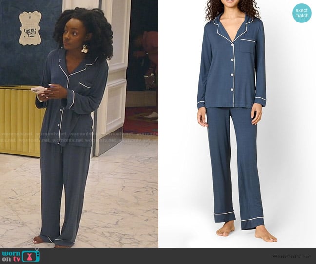 Venita’s blue contrast trim pajama set on Southern Charm