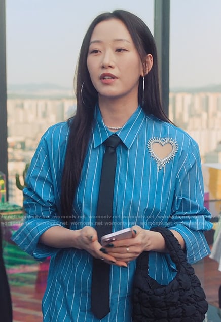 Yuri’s blue striped heart embellished shirt on XO Kitty